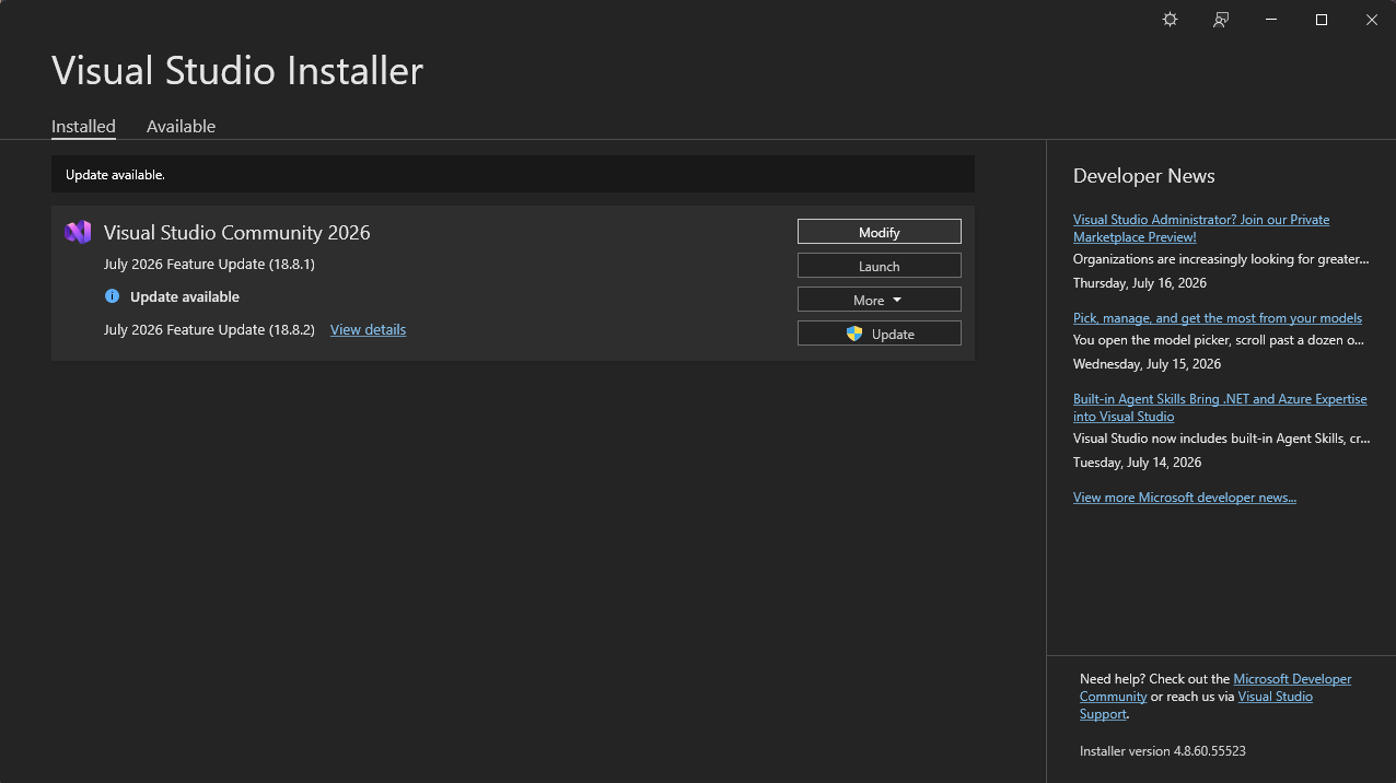 Visual Studio Installer home screen showing the Modify button