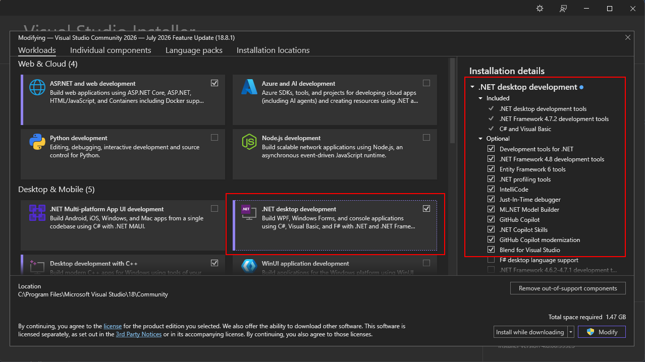 Visual Studio Installer workloads screen with .NET desktop development and Desktop development with C++ selected