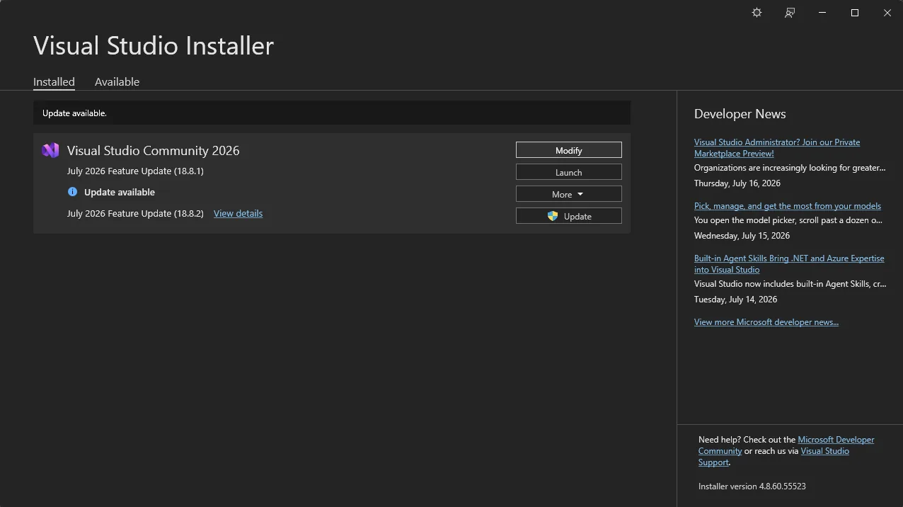 Visual Studio Installer home screen showing the Modify button